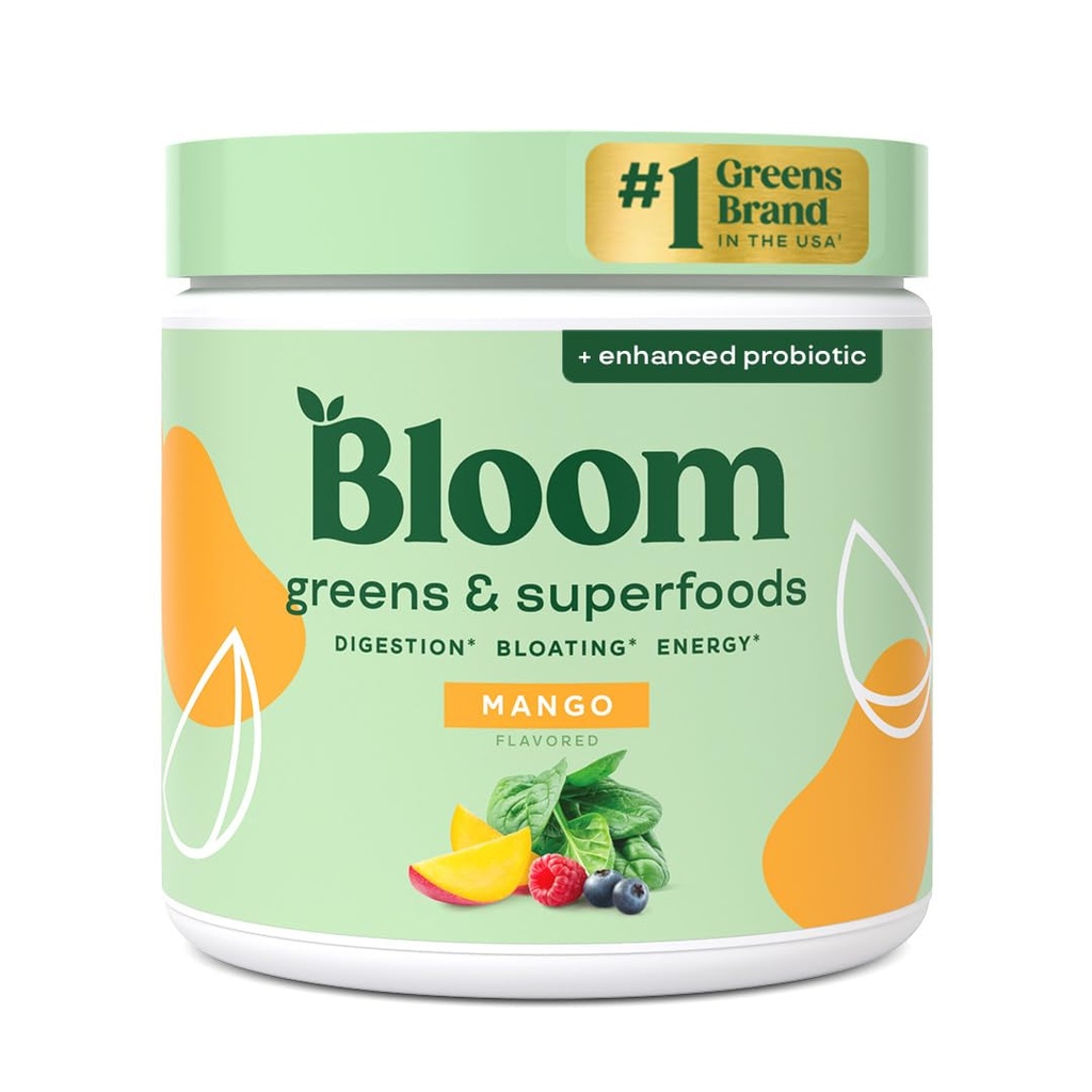 Bloom Nutrition Superfood Greens Powder, Enzymes Digestivos con Probióticos y Prebióticos, Gut Health, Bloating Relief for Women, Chlorella, Green Juice Mix with Beet Root Powder, 30 SVG, Mango