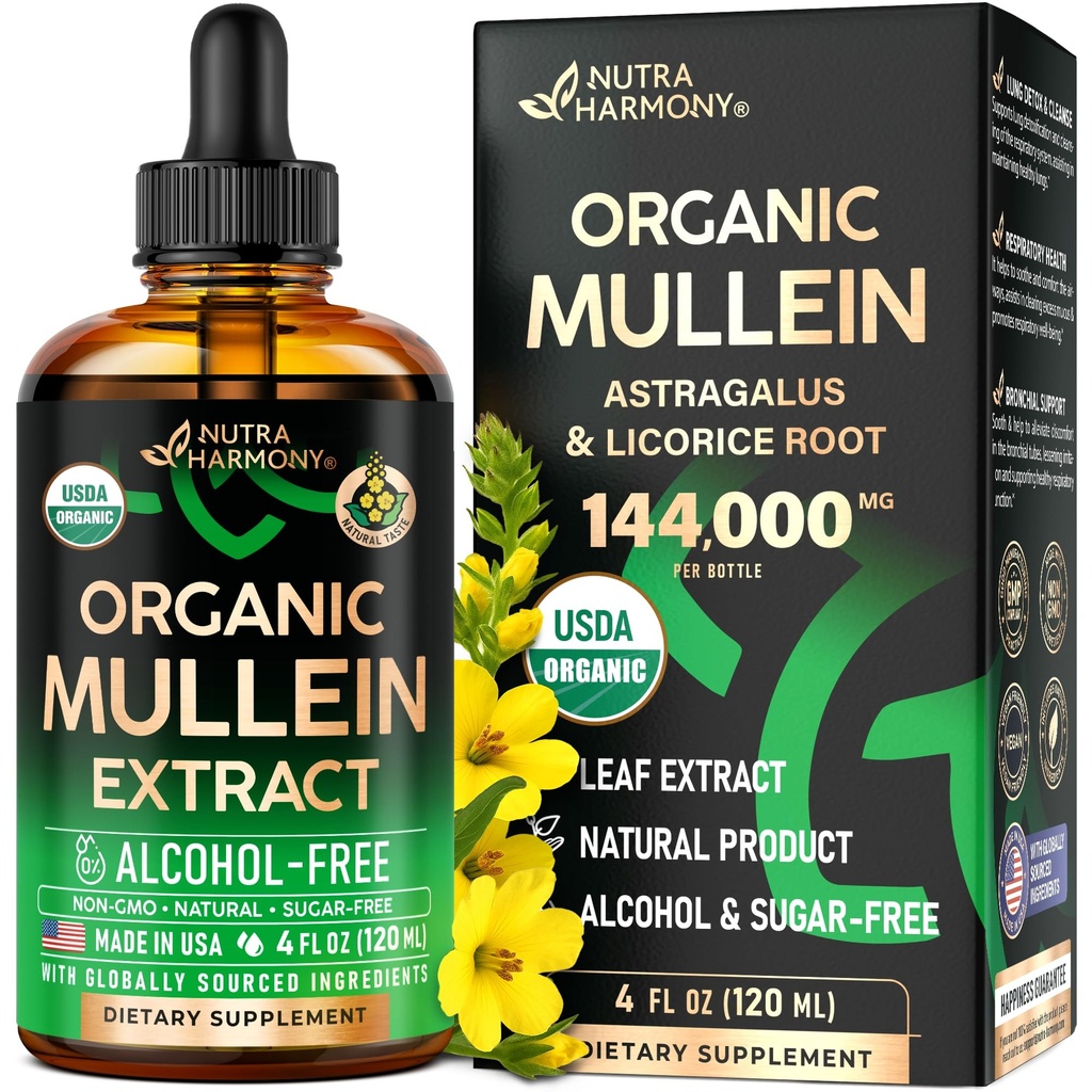 Mullein Drops for Lungs - USDA Organic Liquid - Mullein Leaf Extract Supplement - Made in USA - Lung &amp; Bronchial Cleanse for Smokers - Respiratory Health Support - As Tincture, Tea, Pills - 4 fl oz
