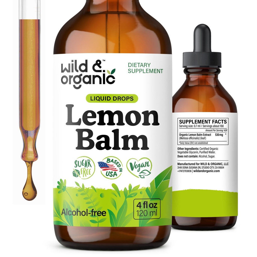 Wild &amp; Organic Lemon Balm Tincture - Mood Support Supplement - Melissa Lemon Balm Leaf Extract Drops - Vegan, Sugar &amp; Alcohol-Free Calming Supplement - 4 fl oz
