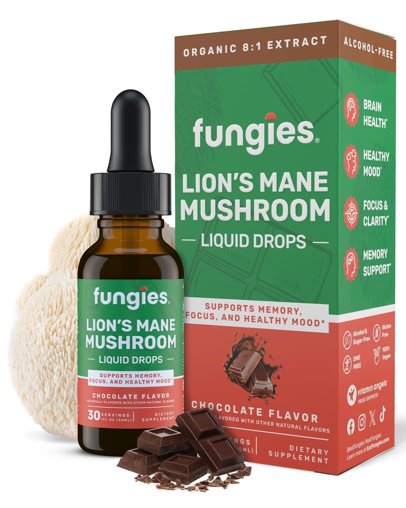 Fungies Lion's Mane Mushroom Liquid Drops, Chocolate - Tintura con Lions Mane Extract soporta Brain Fog, Focus, Memory & Healthy Mood - Mushroom Complex Supplement for Adults - 30 Servings