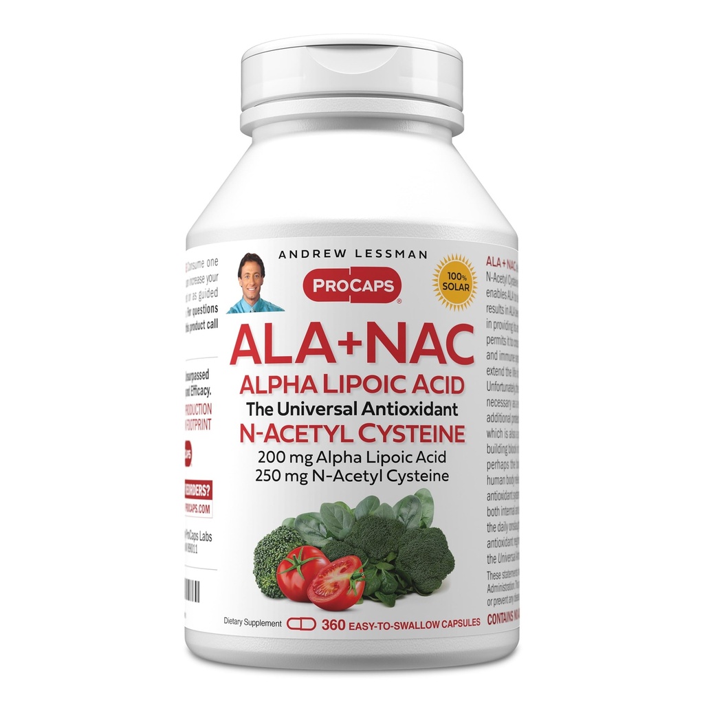 ANDREW LESSMAN ALA + NAC Alpha Lipoic Acid with N-Acetyl-Cysteine 360 Capsules - Ultra-High Potency, Anti-Oxidant Support for Nervous System, Heart, Brain, Liver, Kidneys, Lungs, Energy. No hay aditivos