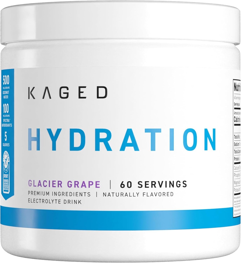 Kaged Hydration Electrolytes Powder ← Glacier Grape ← Hydra-Charge Sports Drink Mix ← Pre, Post, Intra Workout ← Low Carb, Vegan, Gluten Free ← Suplementos para Hombres y Mujeres 60 Servimientos
