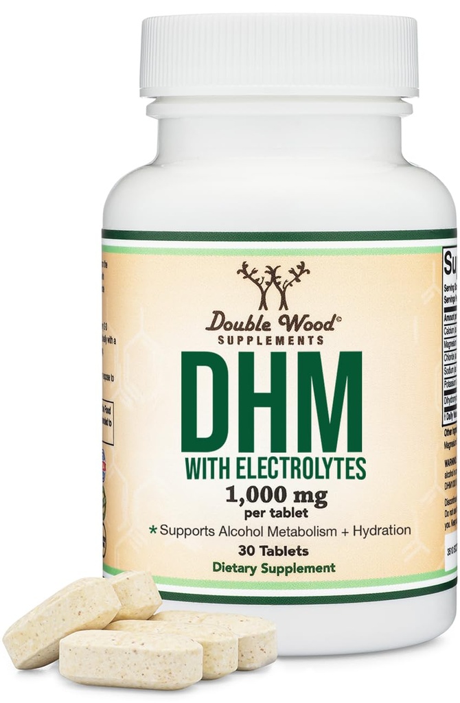 DHM1000 Dihydromyricetin (DHM) Tablets - Suplemento DHM más potente sobre el mercado - 1000mg (30 conde) mejorado con electrolitos para la hidratación y el soporte del hígado por madera doble
