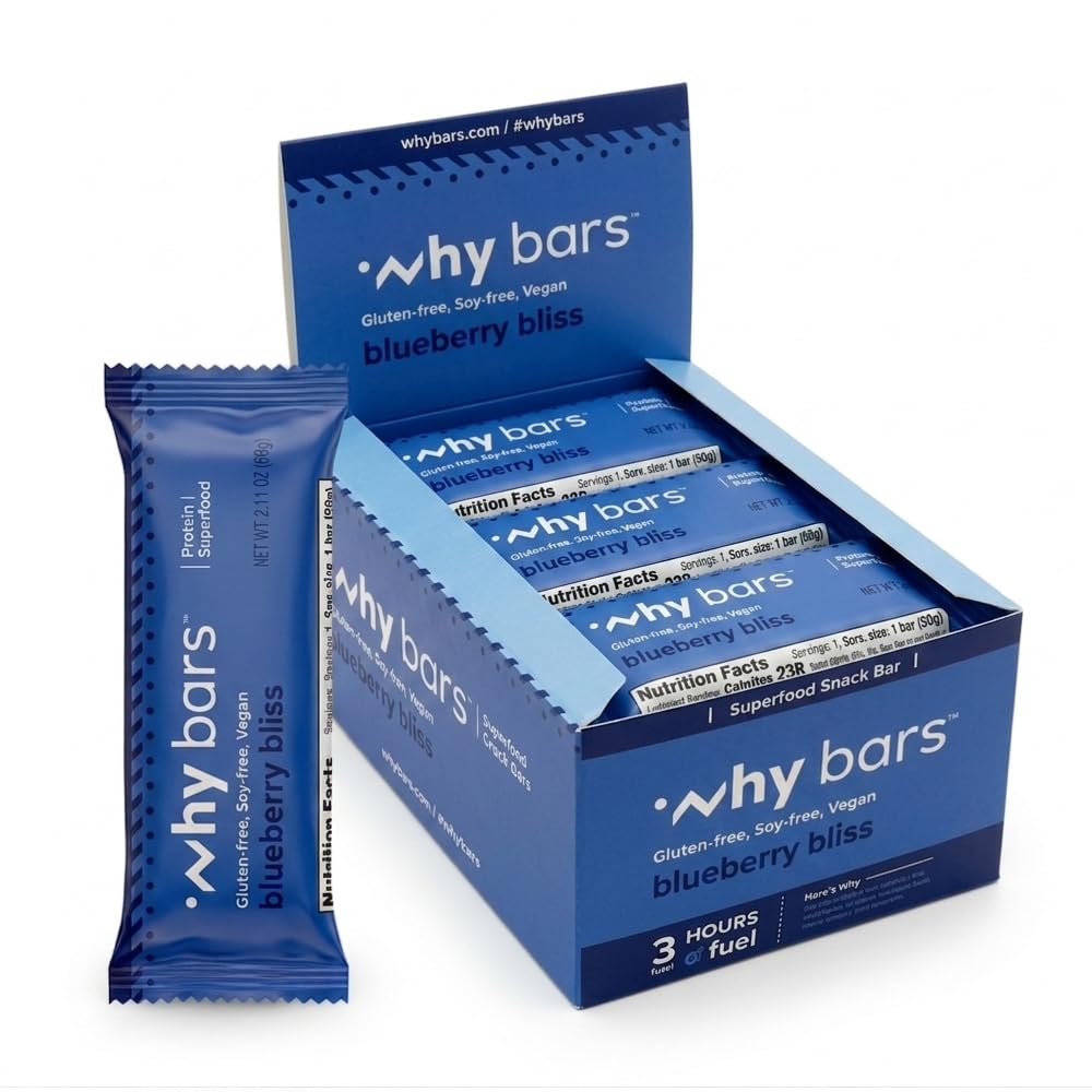 ¿Por qué Bares, Bares Protein, Bliss Blueberry, 2.04 Bares de onda (Pack of 12 Bares Protein) - Protein Bar Superfood, Gluten Free, Non GMO, Organic, Vegan, Simple Ingredientes