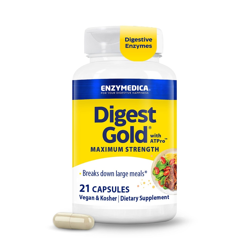 Enzymedica Digest Gold + ATPro, Maximum Strength Enzyme Formula, Prevents Bloating and Gas, 14 Key Enzymes Incluyendo Amylase, Protease, Lipase y Lactase, 21 cápsulas (FFP)
