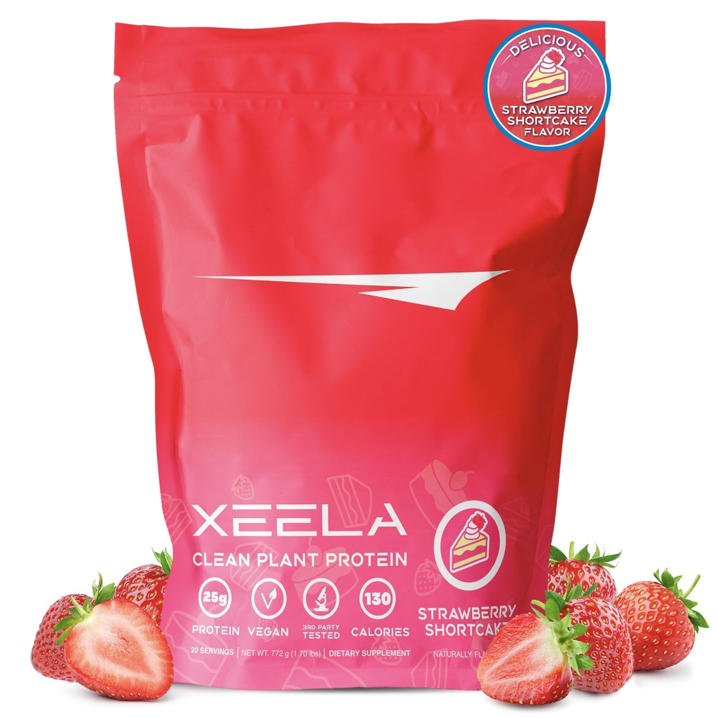 XEELA Planta base de pólvora de proteína vegana - Proteína de 25g de alta Proteína, Pea Proteína para hombres y mujeres - Vitaminas " Minerales, No GMO, Dairy " Gluten Free, LowCarb " LowFat (cama de fresa)