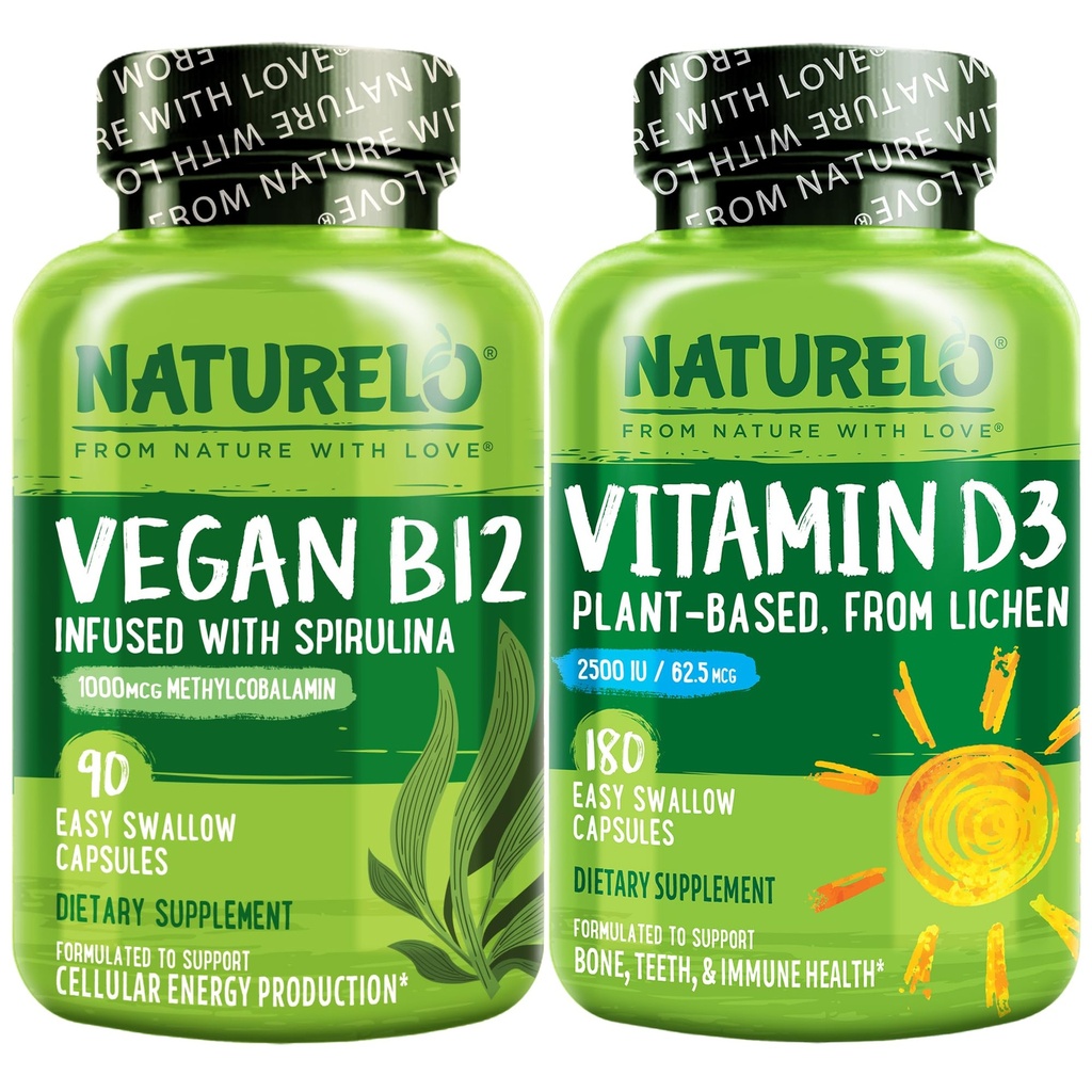 NATURELO Vitamina D - Planta Basada en Lichen - 180 Mini cápsulas, Vegan B12, 1000 mcg Metilcobalamina - 90 cápsulas