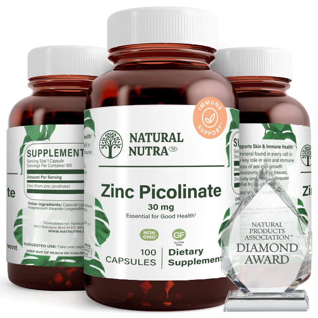 Natural Nutra Zinc Picolinate 30 mg, doble fuerza, cruda y pura, suplemento altamente biodisponible para el crecimiento y el apoyo a las inmunes, ayuda a promover la salud de la piel, ayuda a apoyar el sistema metabólico 100 cápsulas