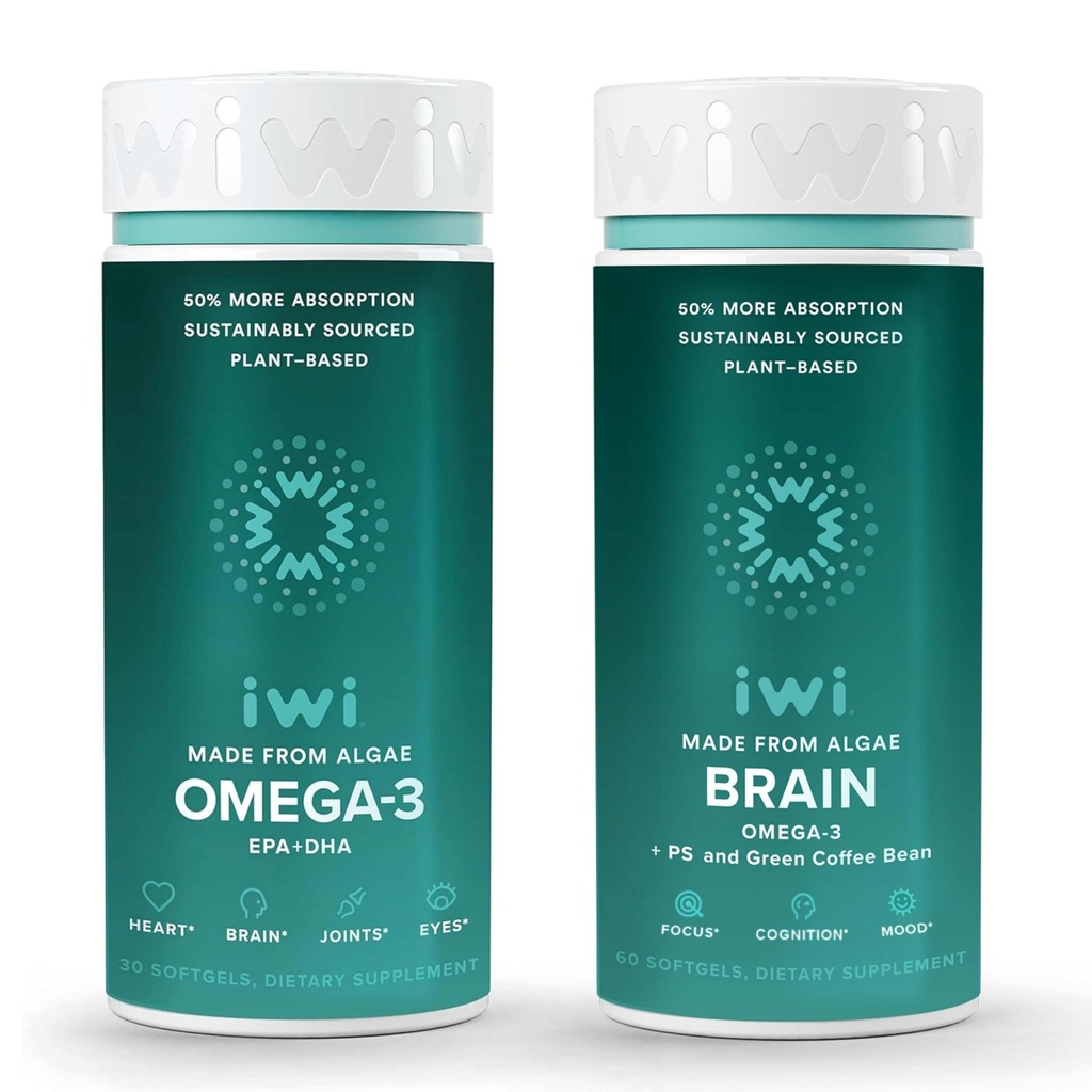 Iwi Omega-3 &amp; Brain Omega-3 Bundle, 30 Servings, Vegan Plant-Based Algae Omega 3 con EPA + DHA, Krill & Fish Oil Alternative, No Fishy Aftertaste