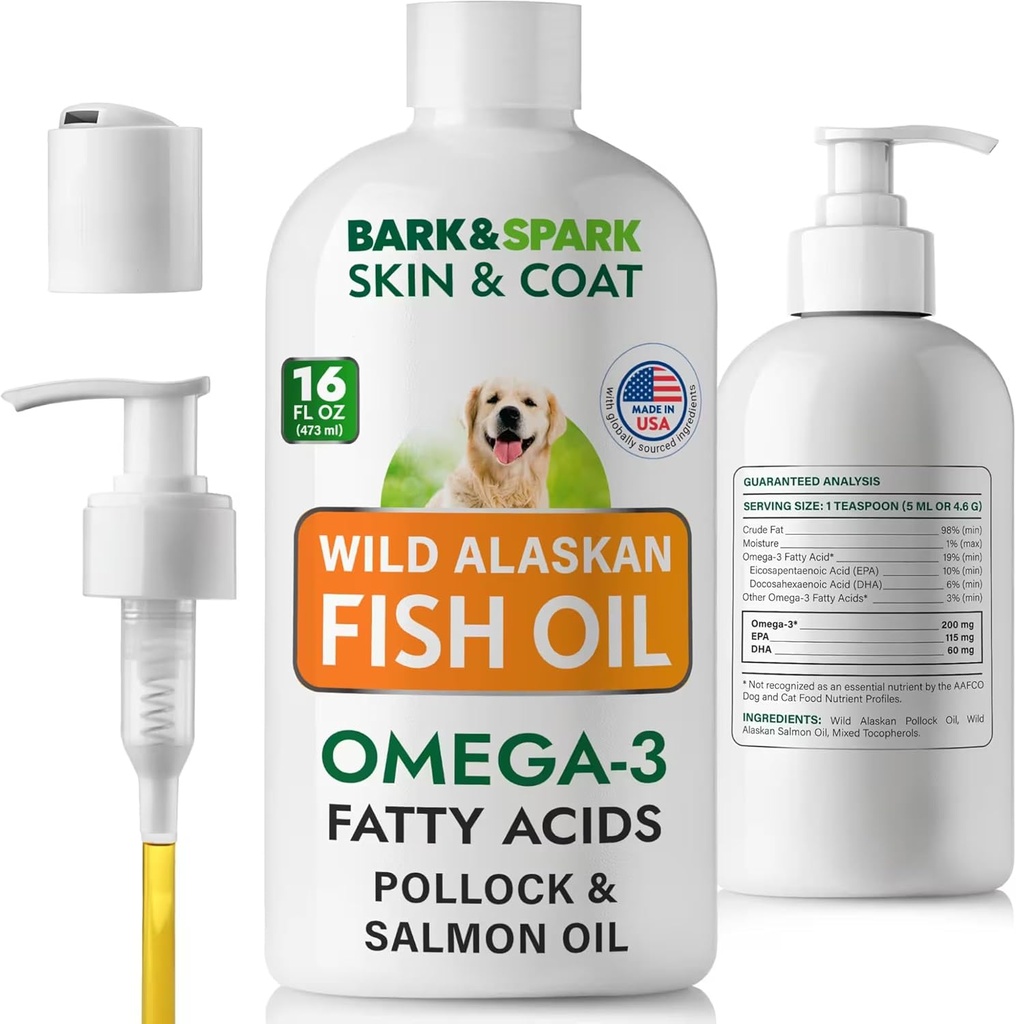 Aceite de pescado BARK CONSPARK para perros - Natural Omega-3-Skin &amp; Coat Support -Liquid Food Supplement for Pets-EPA+DHA Ácidos grasos para la función conjunta, Immune Corazón Salud 16 (fl oz)-Sardine & Krill