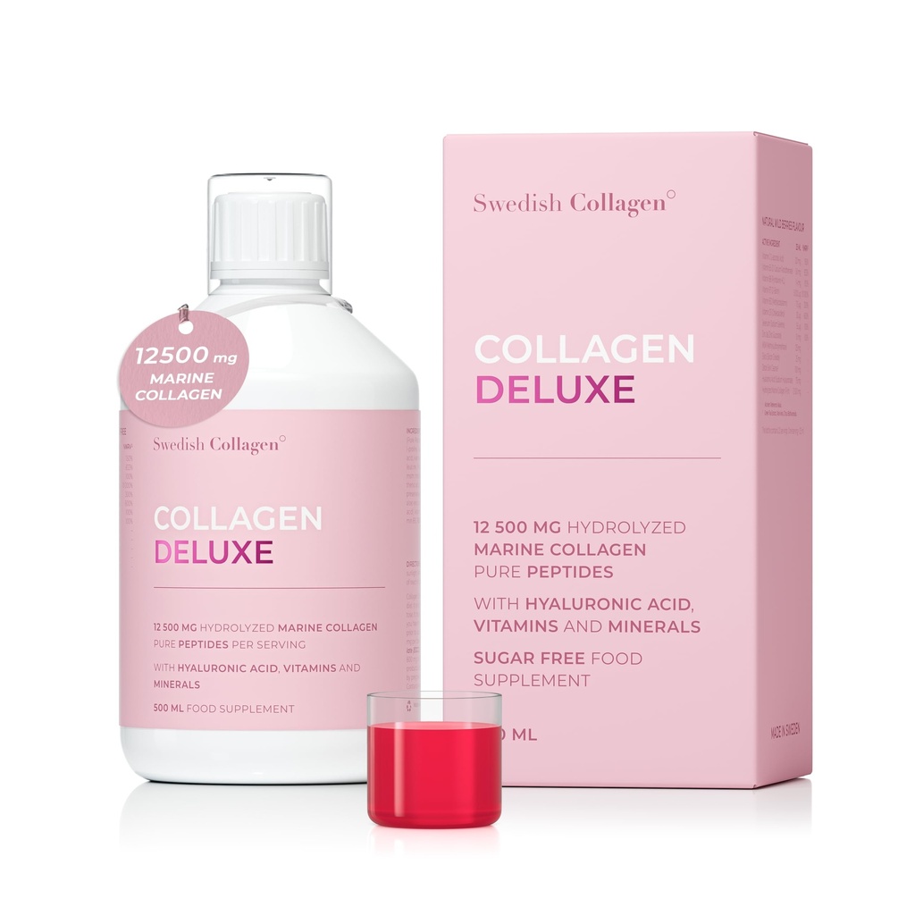 Sueco Collagen Deluxe ← 12,500 mg Hidrolyzed Marine Collagen Líquido Suplemento - 500 ml, 20 Day Supply ← Ácido Hialurónico, Biotina y Vitamina C para apoyar el cabello saludable, la piel, las uñas