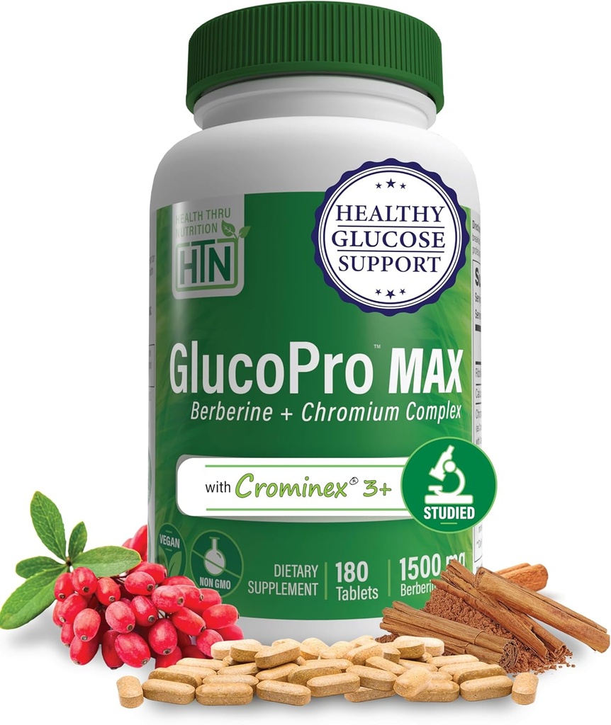 Salud Thru Nutrition GlucoPro Max - con 1.500mg Berberine, Chrominex + Chromium, y 1000mg Cinnamon peru Vegan, Non-GMO, Gluten Free ← Pack of 180