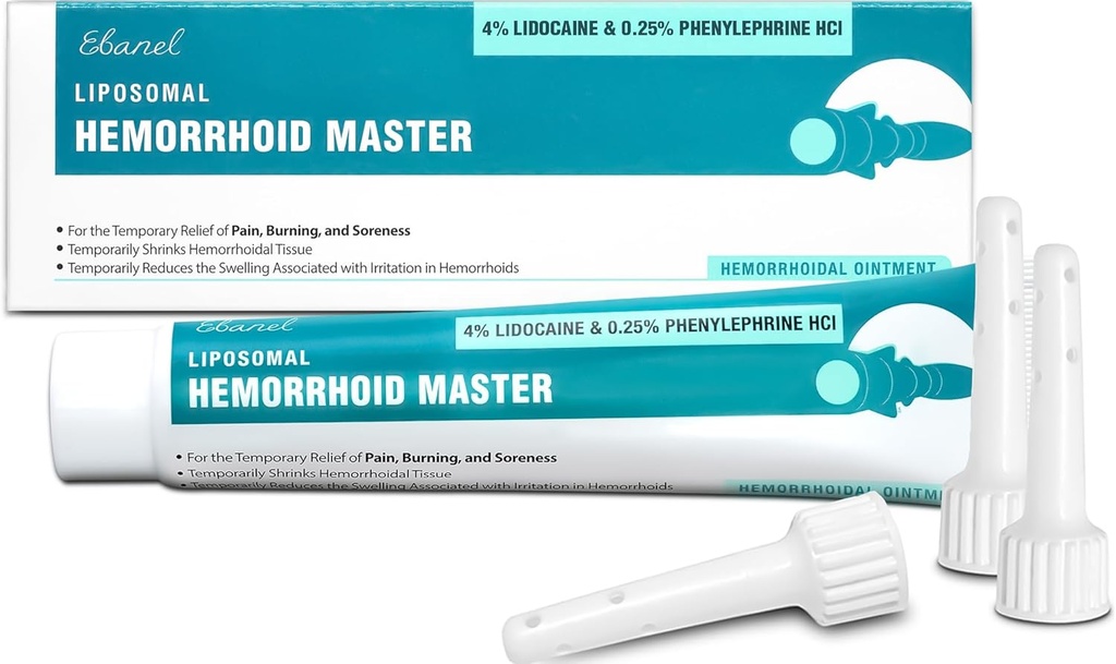 Ebanel 4% Lidocaína Hemorrhoid Tratamiento Ungüento con Fenilefrina, Hidrocortisona, Vitaminas B6, D3, E, Oxido Zinc, Hemorroides externas e internas Tratamiento Burn Itch Pain Relief Anal Cream