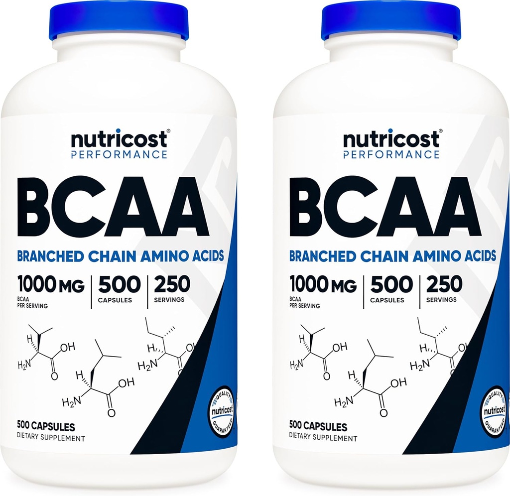 Nutricost BCAA 1000mg, 500 cápsulas (250 serv), 2:1:1 Aminoácidos de cadena ramificada (500 mg de L-Leucine, 250 mg de L-Isoleucine y L-Valine) (2 botellas)