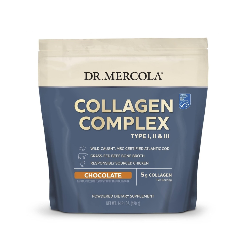 Dr. Mercola Collagen Complex Powder - Soporta Elasticity & Joint Function - Multi-Source Collagen Types I II III - 10.89 oz (30 Servimientos) - Chocolate