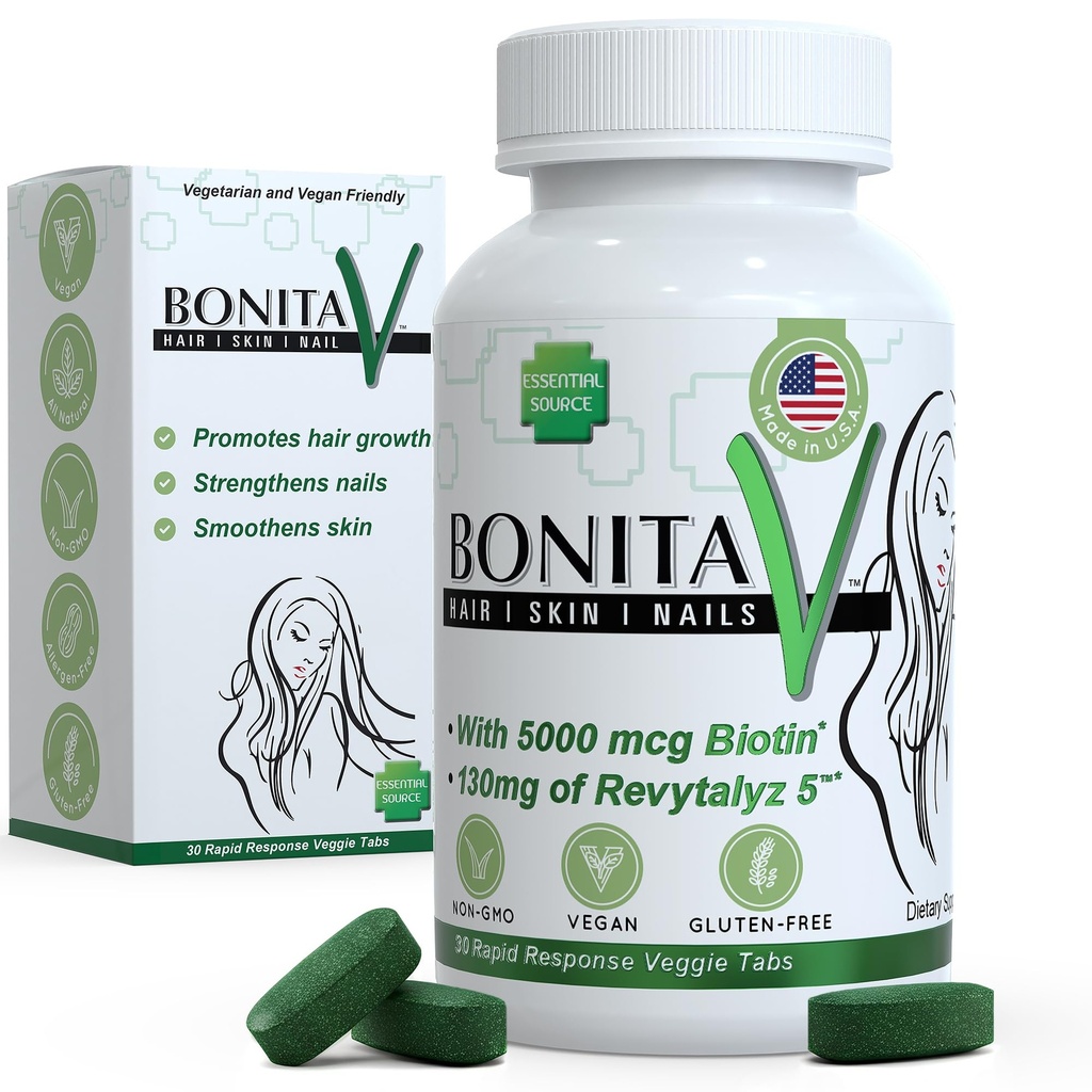 Fuente Esencial Biotina (Biotina Vitaminas) - Peluquería Piel uñas Vitaminas para Hombres - 5000 mcg - Hair Growth Support Suplementos - 30 Tabletas - con Revytalyz 5, Vitamina A, C, B12 - Hecho en EE.UU.