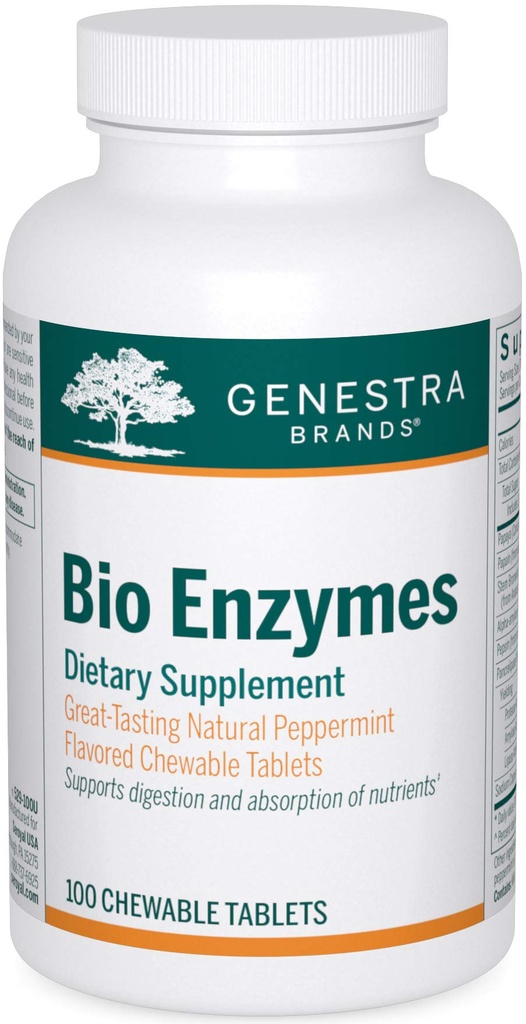 Genestra Marcas Bio Enzymes ← Enzymes Digestivos completos Fórmula en Tablas Chewable ← 100 Tablas Chewable ← Natural Peppermint Flavor