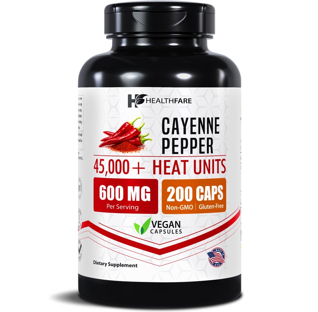HealthFare Cayenne Pepper Capsules 600mg ← 200 Vegan Pills ← 45.000 Unidades de Calor (HU) ← Cardiovascular, Circulación &amp; Apoyo Digestivo TEN High Potency Herbal Extract ← Non-GMO, Gluten-Free TEN Made in USA