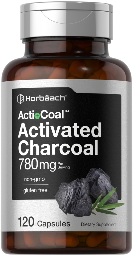Horbäach Charcoal Pills 780mg Ø 120 Capsules ¦ Activated Charcoal from Coconut Shells