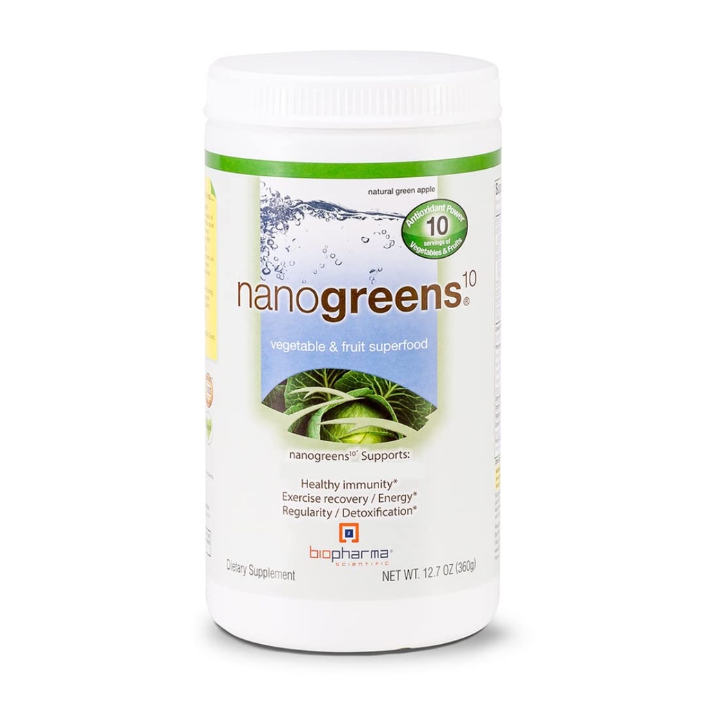 Biopharma Scientific NanoGreens: Greens Superfood Fruit " Vegetable Powder for Digestive Health " Immunity with Spirulina, Chlorella, Kale, Spinach, Plant Based, Green Apple Flavor, 30 Servings