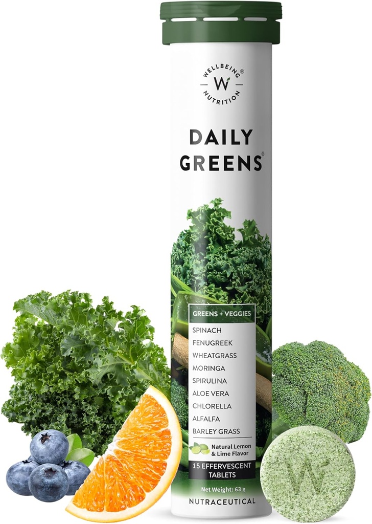 WELLBEING NUTRITION Daily Greens ← Natural Lemon and Lime Flavour TEN 15 Tablets 63g (2.22Ounce)
