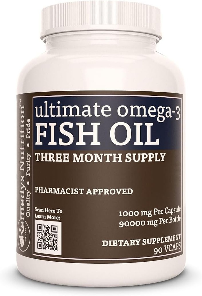 Nutrición de Remedy Ultimate Omega-3 Fish Oil TENIDO 1000 mg, 90 Softgels Suplemento dietético TENIDO 3 Mes Fuente TENIDO EPA, DHA, GLA, ALA, " LA Fatty Acids