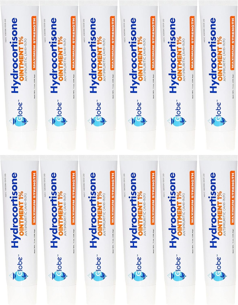 Globe Hydrocortisone 1% Maximum Strength Transparent Ointment 1 oz ¦ Ointment Anti-Itch para Redness, Swelling, Itch, Rash, Dermatitis, Bug/Mosquito Bites, Eczema, Hemorrhoids &amp; Más (12 Pack)