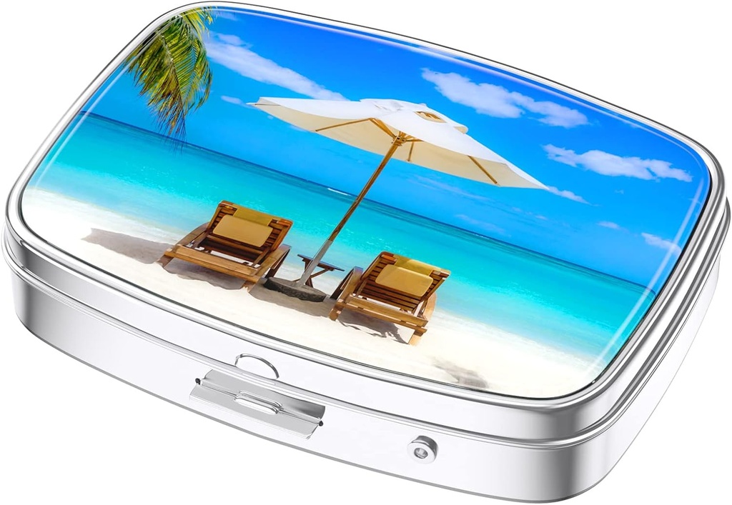Nipichsha Pill Box, Small Pill Case for Purse & Pocket, Cute Travel Medicine Organizer, Portable Medicine Container Holder to Hold Vitamins, Medication, Fish Oil &amp; Supplements, Happy Beach