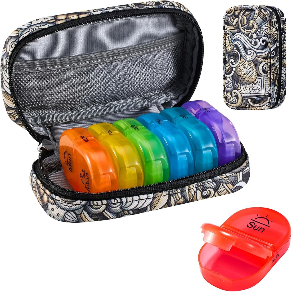 Serfeymi Organizador semanal de píldoras de viaje 2 veces al día AM Upgraded Rainbow Pill Box 7 Day with Portable Zipper PU Leather Pill Case, Medicine Organizer for Pills, Vitamins, Fish Oils - Brown 03
