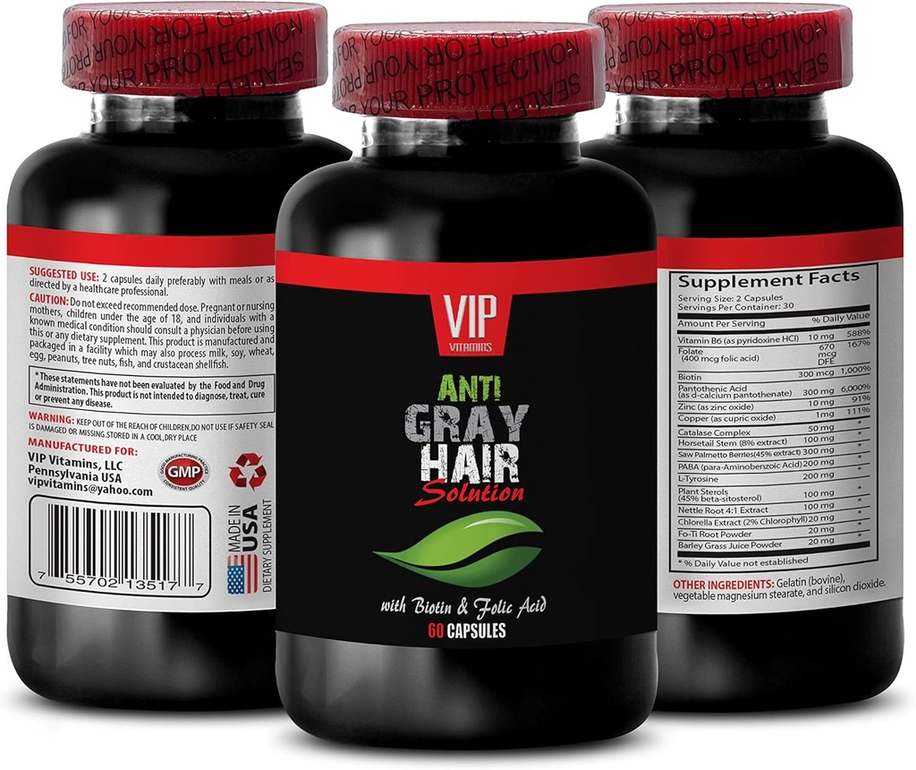 Belleza de rejuvenecimiento - Solución de pelo gris - con ácido BIOTIN &amp; FOLIC - nettles capsules, suplemento de paba, suplemento de pelo gris, suplemento de folato para las mujeres, vitaminas para la inversión del cabello gris, 1B 60 caps