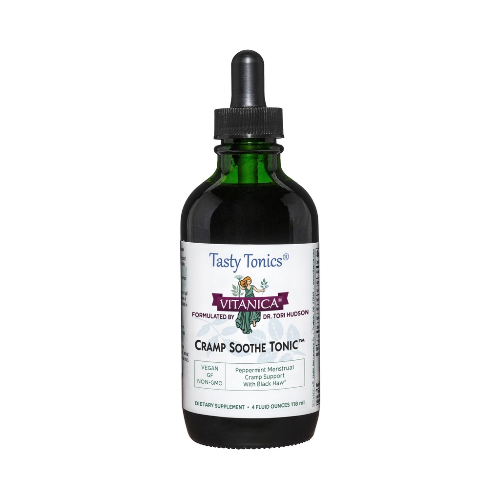 Vitanica Cramp Soothe Tonic, Dr Formulated Menstrual Cramp Support, con Black Haw Bark, Valerian Root, Ginger Root, y Garrya Herb, Alcohol Free, Vegan, 4 Ounce