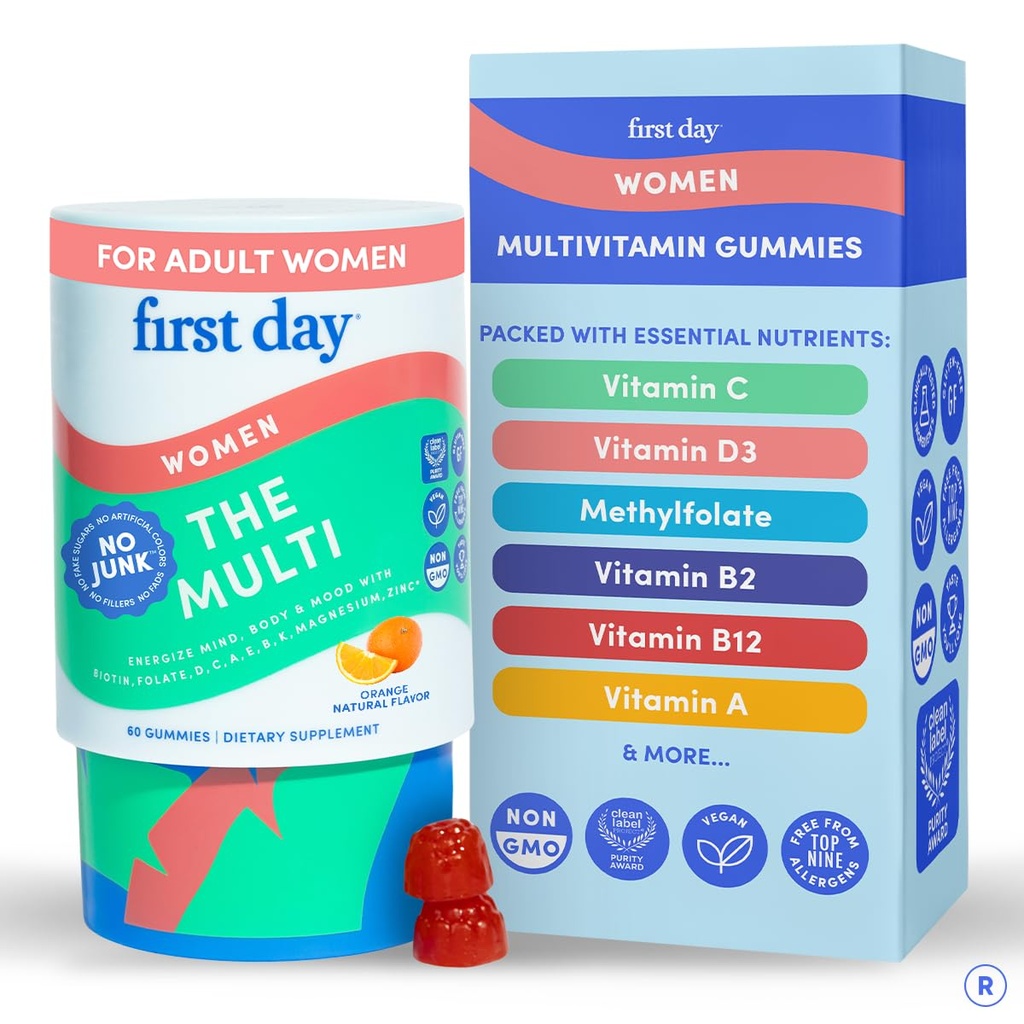 PRIMER DÍA Multivitamínico para Mujeres - Mujeres Diarias Gummies Multivitamínicas - Vitamina A C D E B12, Magnesio, Zinc, Biotina – Vegan, Gluten Mujeres Libres Vitaminas - Crecimiento del cabello, Esquía, Energía – Fuente de 30 Días