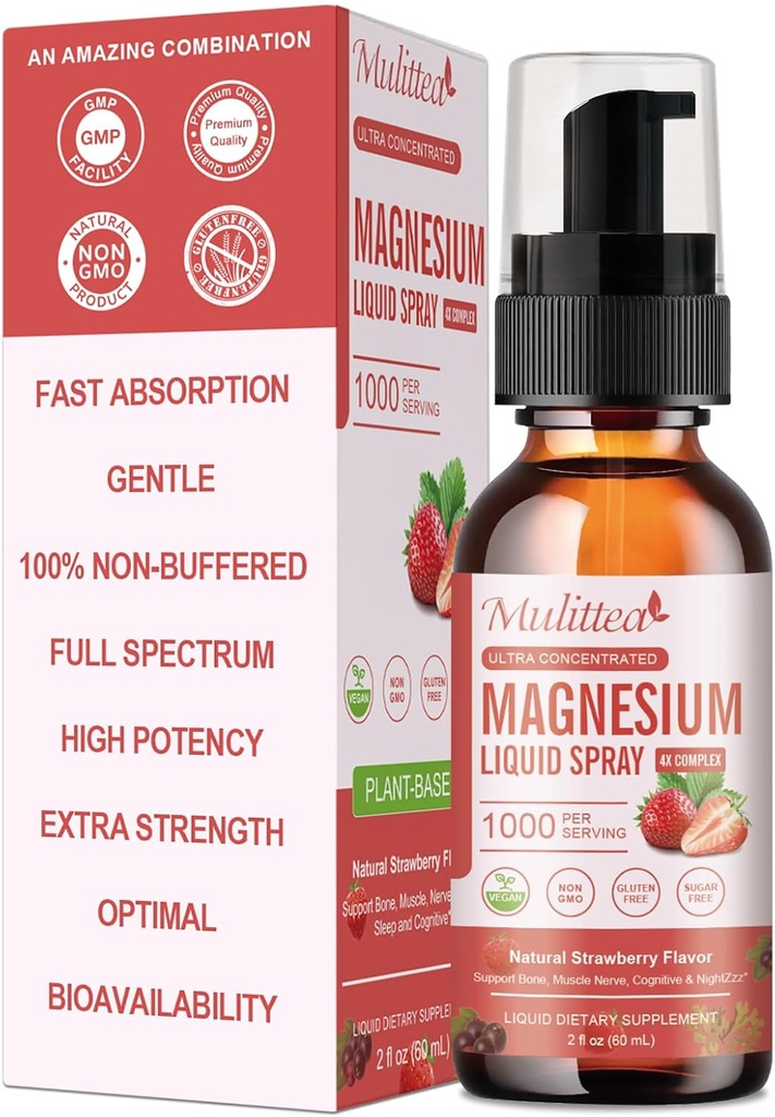 Espray líquido Glycinate de magnesio con citrato, óxido &amp; malate, magnesio con vitamina entera, L-Theanina, D3K2, B6 para el corazón, calambres de las piernas, musculosos llenos de energía- sabor a fresa libre de azúcar, 2 Fl Oz