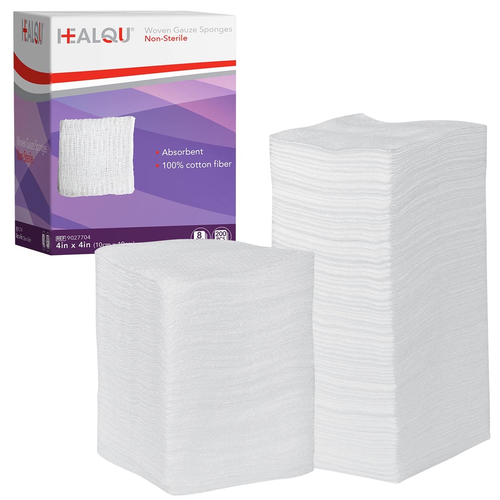 HEALQU 4x4 Gauze Pads - 12 Ply Woven Pack of 200 - Ultra Absorbent Soft Esponjas quirúrgicas no estériles para el Vestido de Heridos, Debridamiento, Limpieza y Prepping