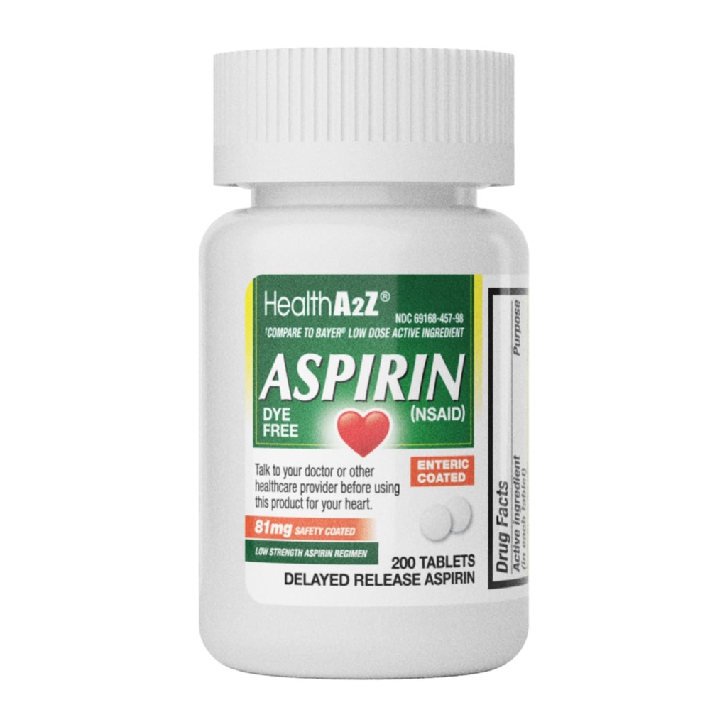 HealthA2Z® Aspirin 81 mg  DYE Free  preserve Low Strength ← Bajo Strength ← Dolor de dolor reduce los dolores menores El dolor de músculo y los calambres ← Fever Reducer  Reduce Headache  durable (NSAID)