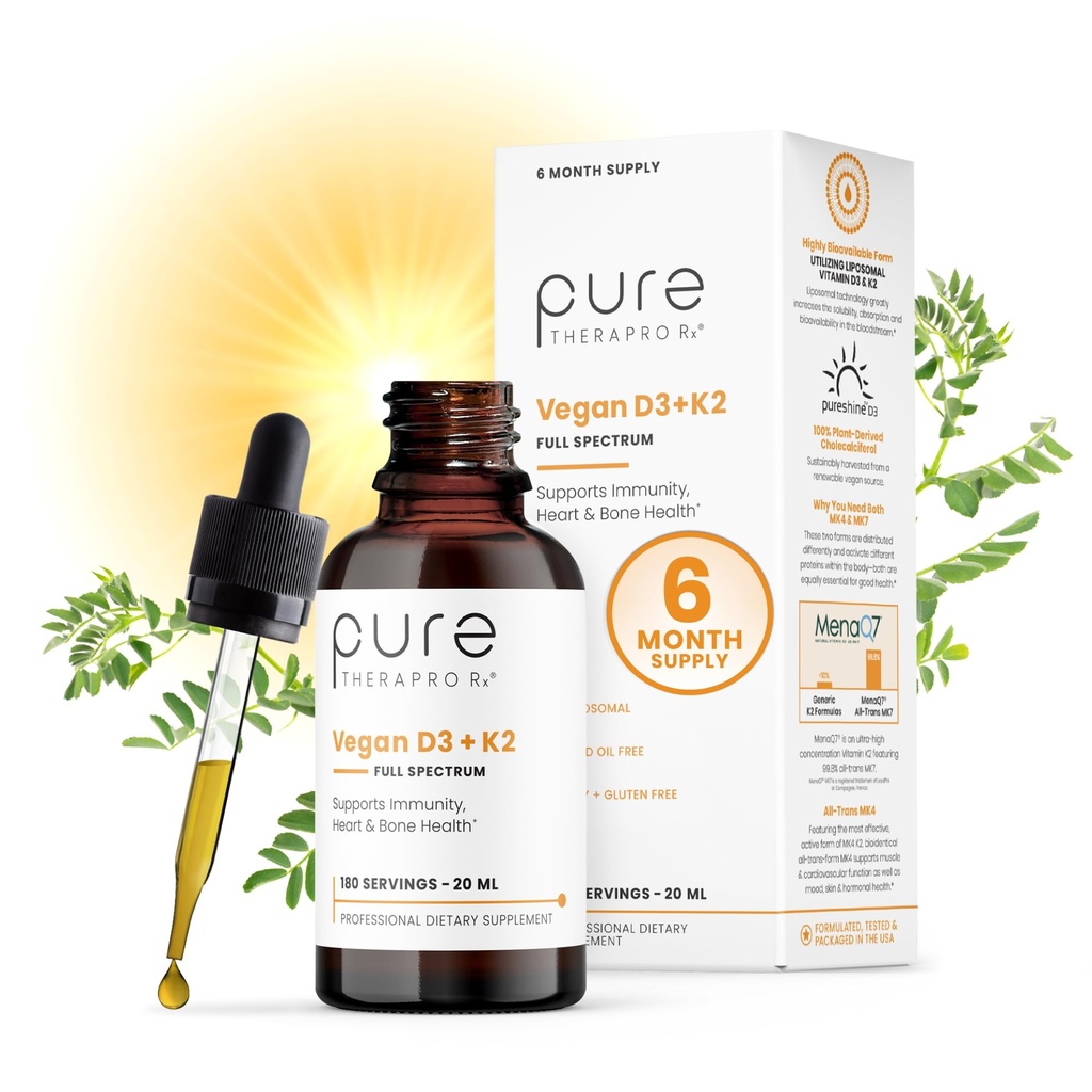 Puro Therapro Rx Vegan D3 + K2 Orgánico 100% Liposomal 20ml Hecho en EE.UU. TENIDO 6 Mes de Absorción Máxima Vitamina D3 y Vitamina K2 Suplementos para Hombres y Mujeres, D3 Vitamina 5000 UI