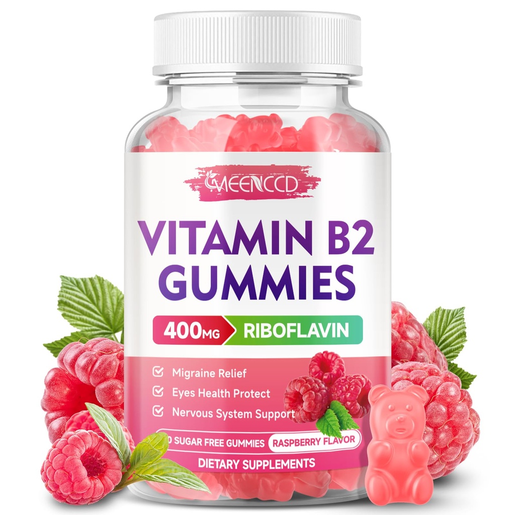 Vitamina B2 Gummies Riboflavin 400mg Suplemento con Magnesio para Adultos Niños, B2 Gummies para Alivio Migraña & Nervous System Support, Vegan, Libre de Azúcar, Raspberry Flavor, 60 Condes