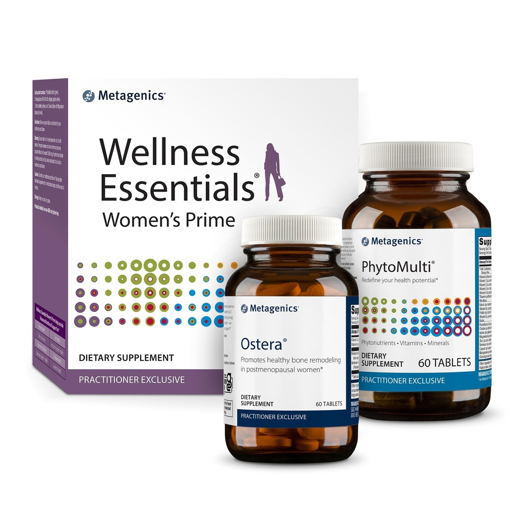 Metagenics Ostera - 60 Tablets, PhytoMulti Sin Hierro - 60 Tablets, y Wellness Essentials Women's Prime - 30 Count