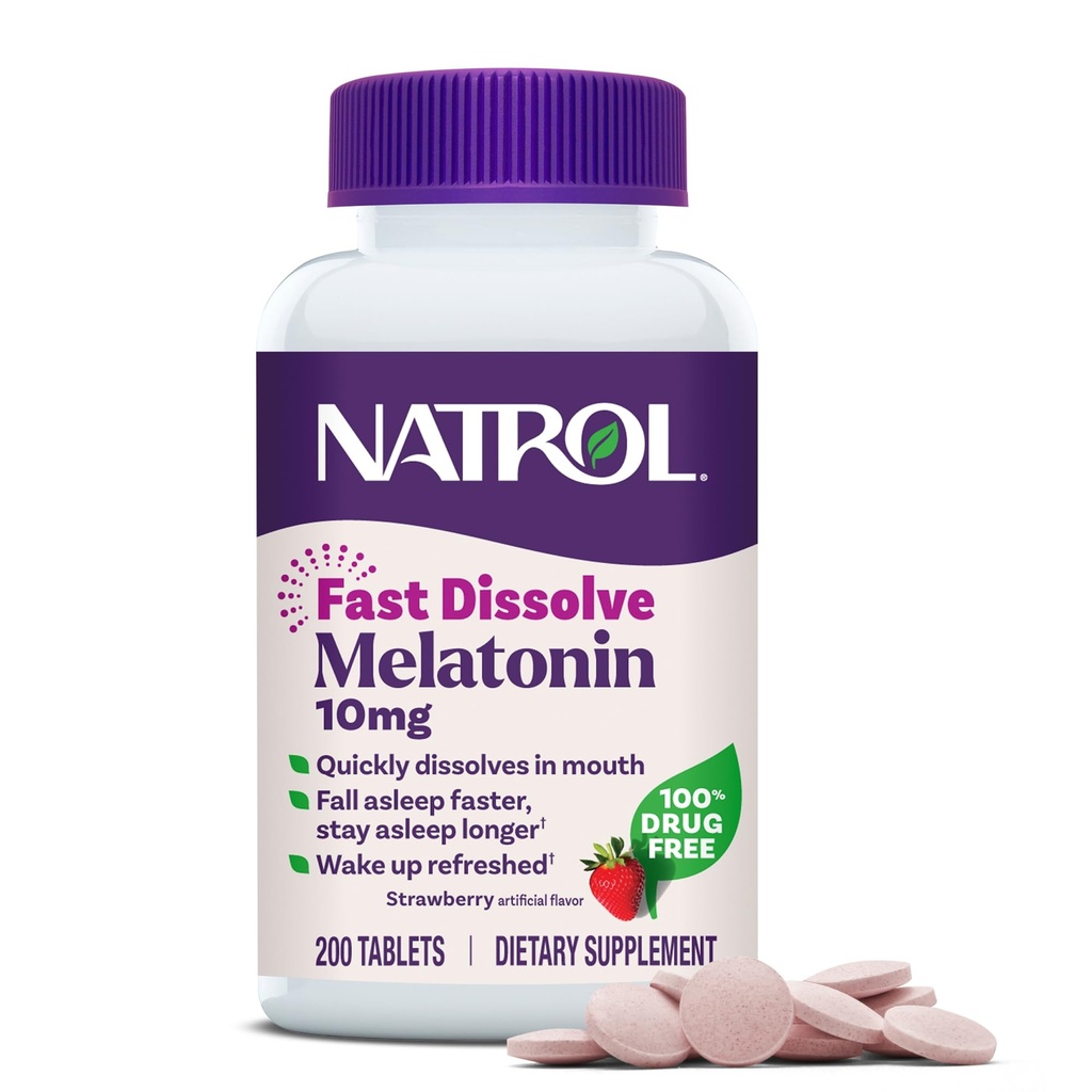 Natrol Melatonin 10mg Tablas de disuelve rápido - Flavor de fresa, 200 Cuenta, Apoyo al sueño, Melatonina de disuelve rápido para adultos, fuente de 200 días