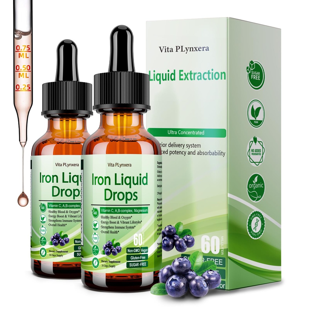 2 Pack Liquid Iron Suplemento para Mujer Hombres &amp; Niños, Vegan Iron Drops with Vitamin C D, B12, B-Complex, High Potency Liquid with Multivitamin for Anemia, Energy Support, Magnesium Iron Gentle