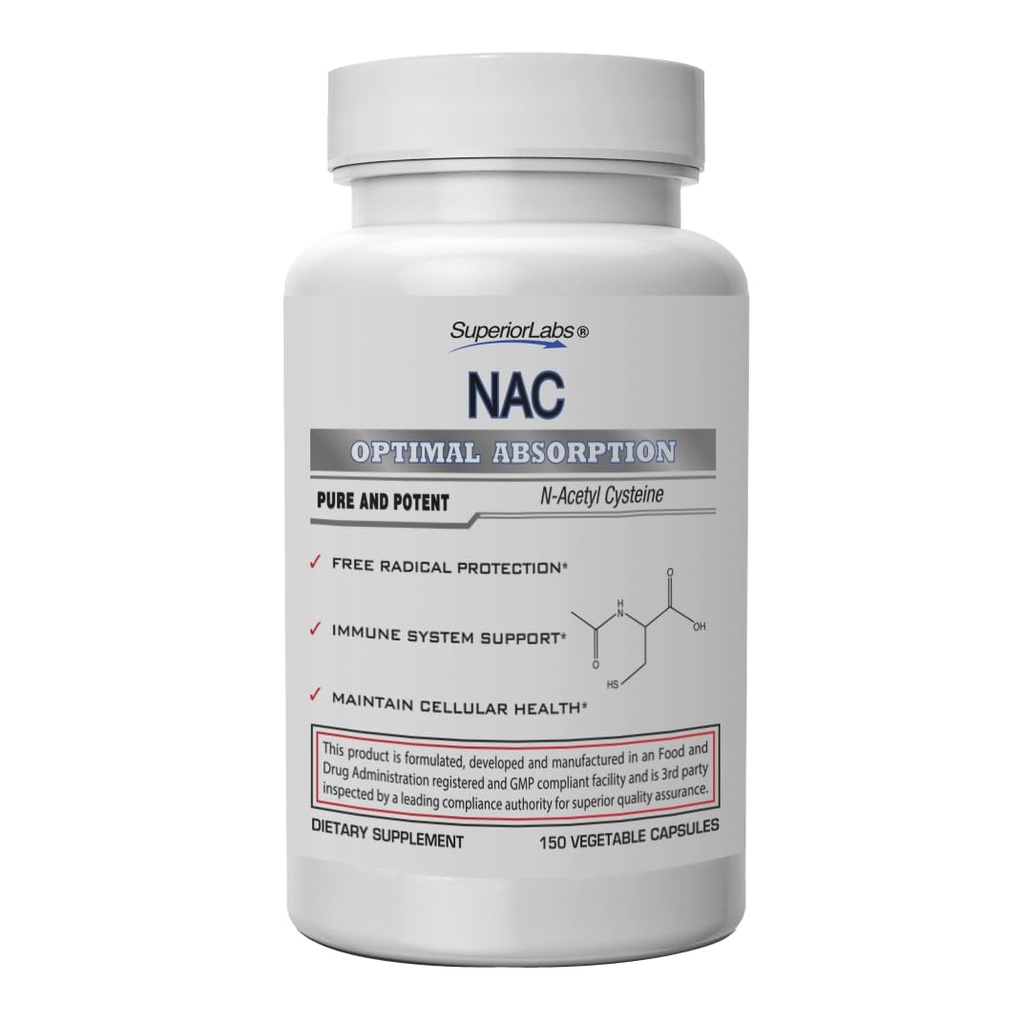 Laboratorios superiores NAC (N-Acetyl Cysteine) 1.200mg, 150 cápsulas vegetales, suplemento dietético con selenio, protección radical gratuita, función normal del sistema inmunológico, mantiene la salud celular