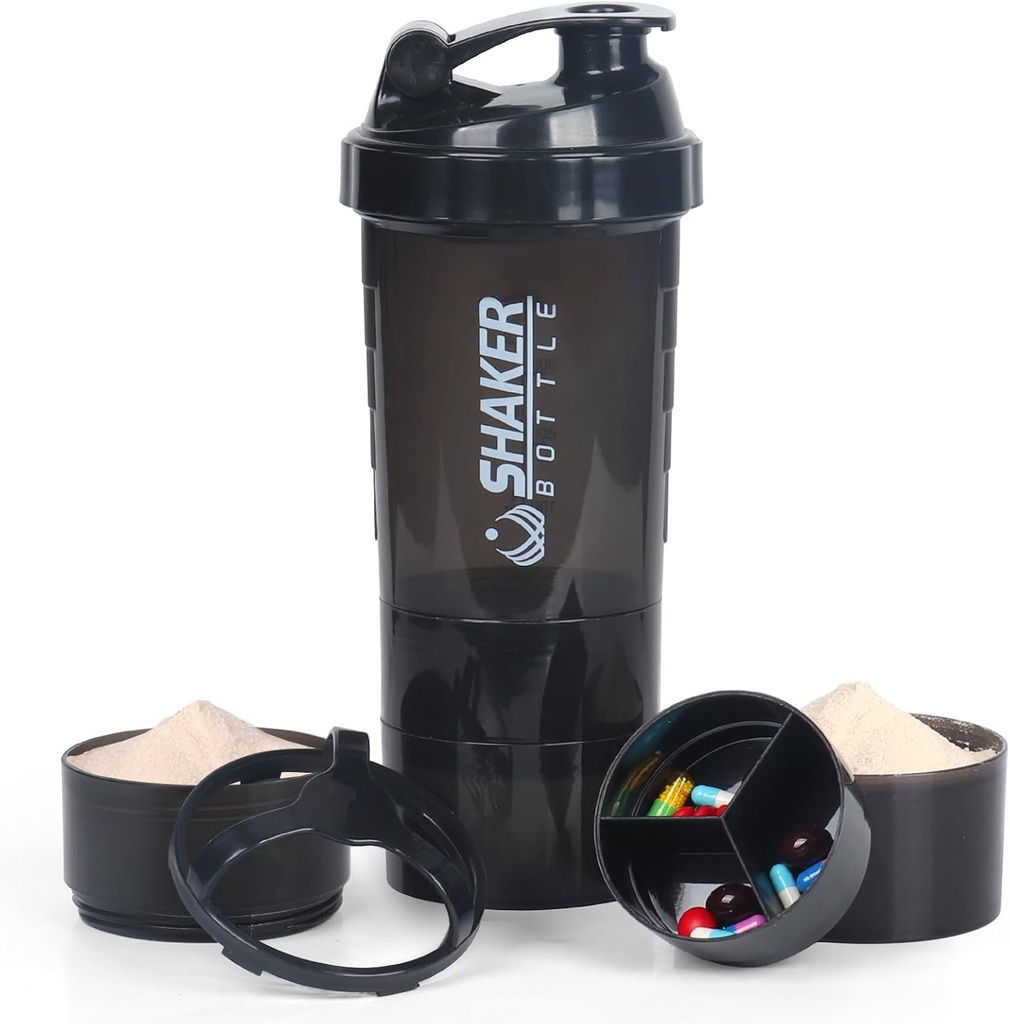 VECH Shaker Botellas para Mezclas Proteínas Workout Shaker Leak Proof Water Bottle Non Slip 3 capas Twist Off 3 OZ con Pill Tray para Almacenamiento Protein Powder Shake Bottle 16 OZ Shake Cup (Black)