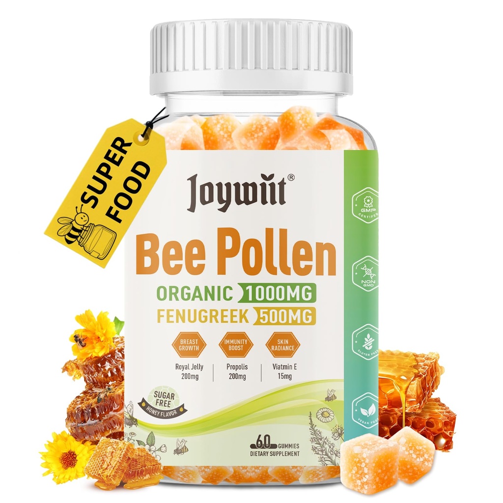 Pollo de abeja 1000mg Gummies gratis de azúcar, w/Fenugreek, Royal Jelly, Propolis, Organic Bee Pollen Chewable Supplement for Women, Rich in Vitamin E, Immunity & Skin Care, 60 Condes
