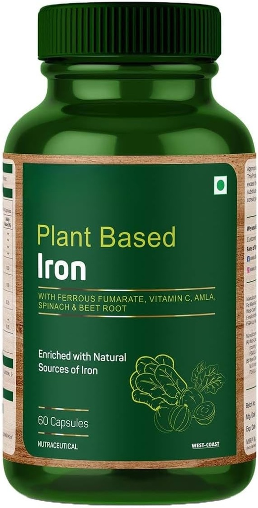 Hierro con Ferrous Fumarate, Vitamina C, Spinach &amp; Beet Root Enriquecido con Fuentes Naturales de Hierro – 60 cápsulas