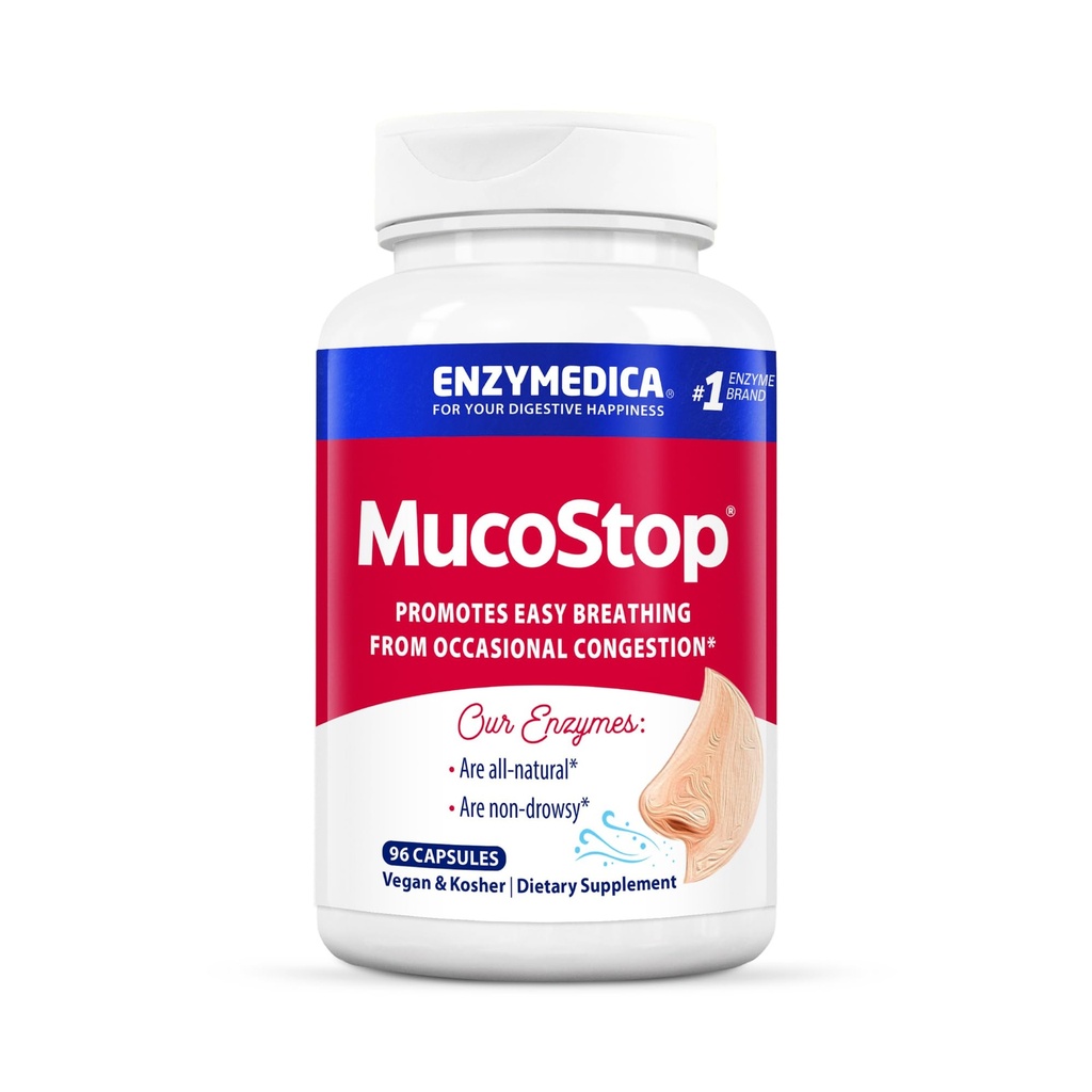 Enzymedica, MucoStop, Suplemento Natural Enzyme, Alivia la Congestión Estacional o Ocasional, apoya la respiración fácil, 96 Conteo