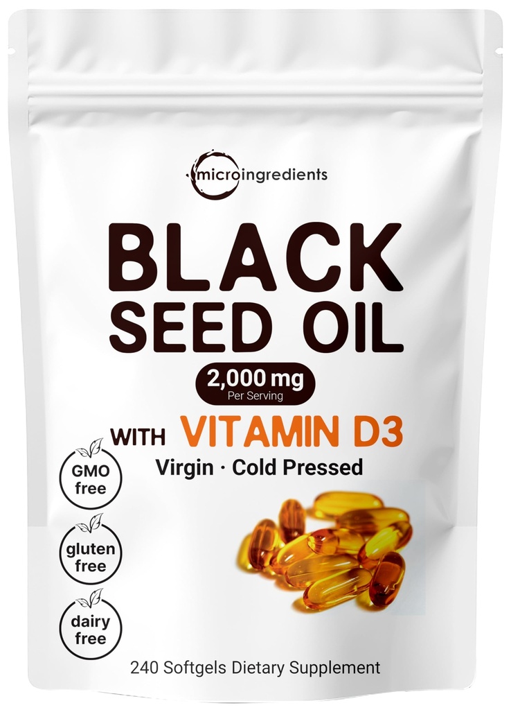 Micro Ingredientes Aceite de semillas negras 2000 mg con vitamina D3 1000 UI, 240 Softgels Silencioso Presionado - Nigella Sativa Píldoras de Egipto, Aceite virgen, Odorless, No Gluten