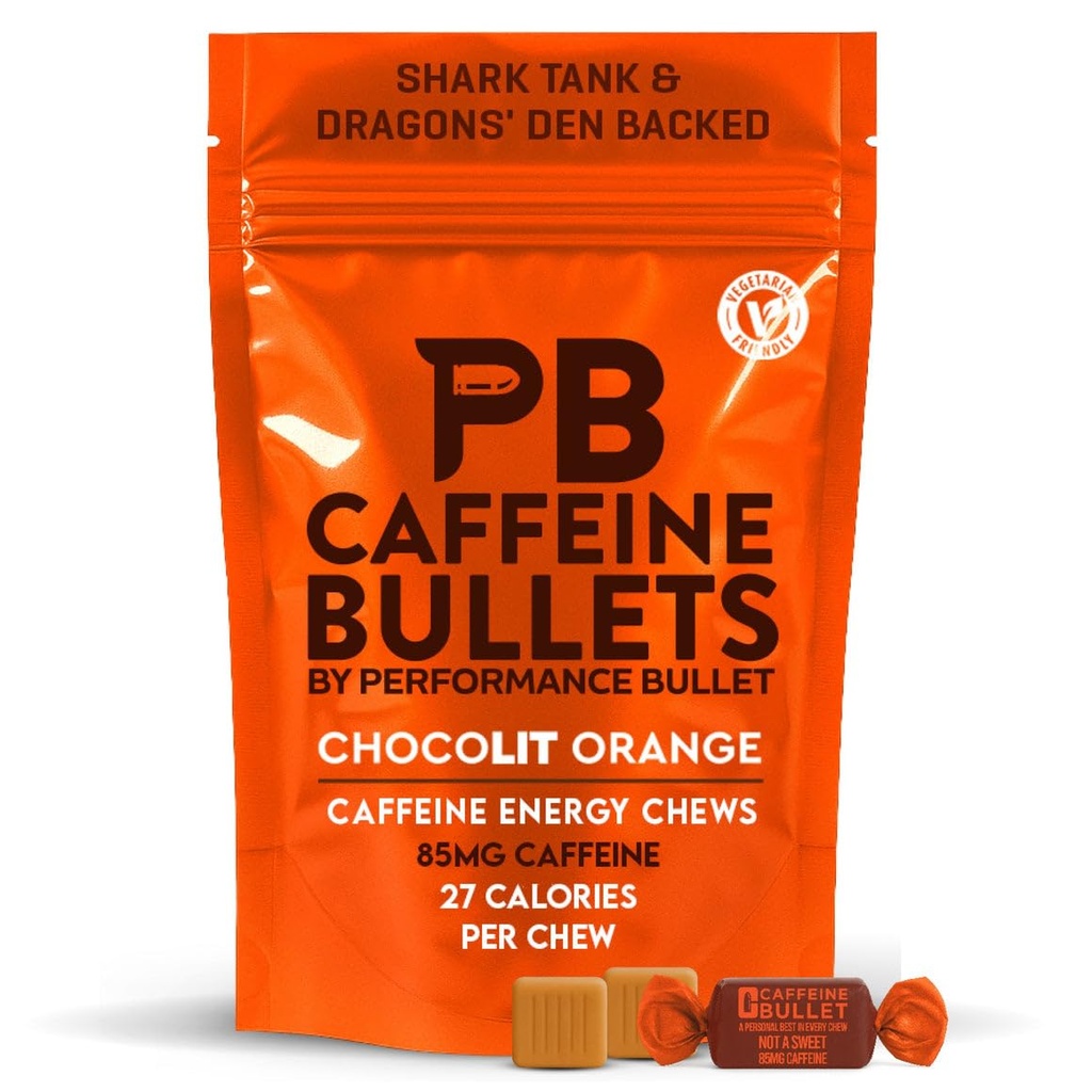 Caffeine Bullet Energy Chews - Chocolate Orange. 16 * 85mg - Más rápido Kick Than Pills, Gels & Gum. Sport Science for Running, Cycling, Gaming. Un Pre Workout Endurance Boost.