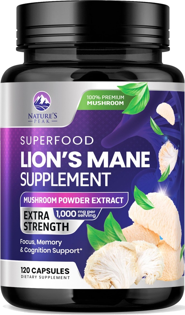 Lions Mane Mushroom Capsules 10,000mg - Lion's Mane Supplement Capsules for Memory and Focus Support, Brain, Immune Health Support, Vegan, Bottled in USA, Lions Mane Mushroom Powder Extract, 120 Conde