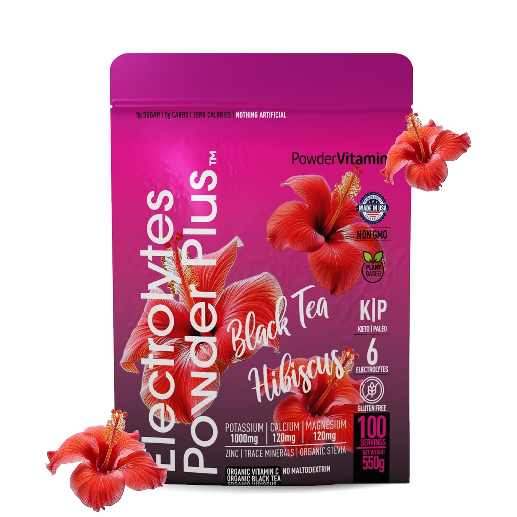 PowderVitamin Electrolytes Powder Plus (100 Servings) Black Tea Hibiscus Electrolyte Powder Keto, Sugar Gratis, Rosa Himalayan Salt, 1000mg Potasio, 120mg Calcio,120mg Magnesio, Hidration Powder