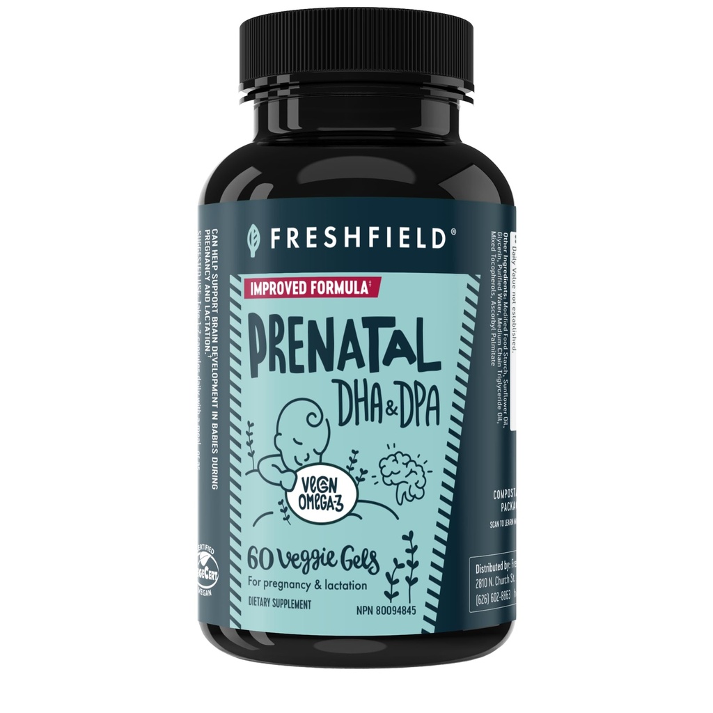 Freshfield Prenatal Vegan Omega 3 DHA: Sostenible, Carrageenan Libre, Tercera Parte Probada, Botella Compostable, Carbon Neutral. Apoya Corazón, Cerebro, Salud Conjunta w/DPA